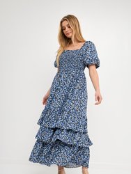 Textured Floral Printed Maxi Dress - Navy Multi