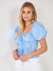 Tie Detail Shirring Top with Short Sleeves - Powder Blue
