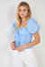 Tie Detail Shirring Top with Short Sleeves - Powder Blue