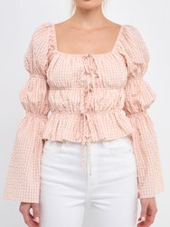 Tie Detailed Shirring Top with Long Sleeves