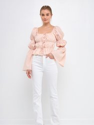 Tie Detailed Shirring Top with Long Sleeves