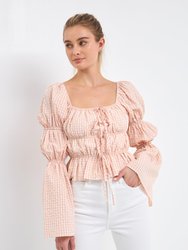 Tie Detailed Shirring Top with Long Sleeves - Blush