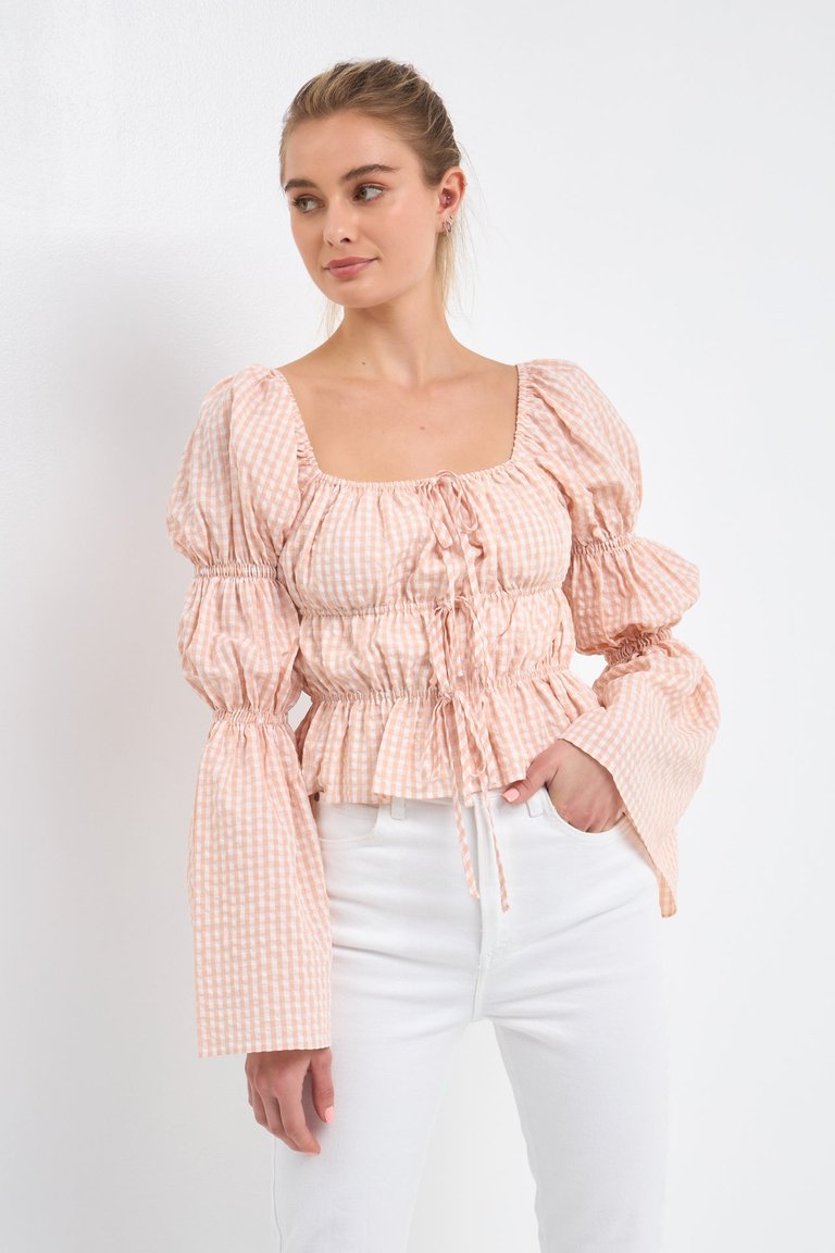 Tie Detailed Shirring Top with Long Sleeves - Blush
