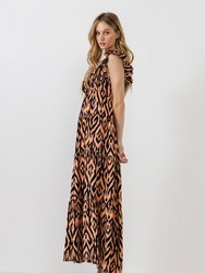 Tiger Print Ruffle Sleeve Maxi Dress
