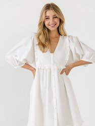 V Button Down Baby Doll Dress - White