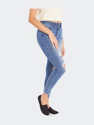 High Rise 2-Button Destructed Ankle Skinny - Medium Blue