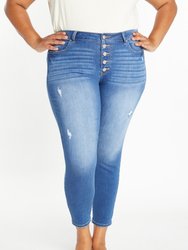 High Rise Ankle Skinny With 5 Exposed Button - Medium Blue