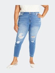 High Rise Destructed Ankle Skinny - Medium Blue