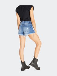 High Rise Destructed Short With Frayed Step Hem - Medium Blue