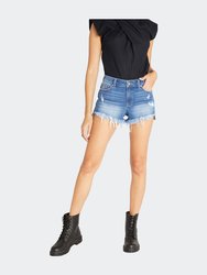 High Rise Destructed Short With Frayed Step Hem - Medium Blue - Medium Blue