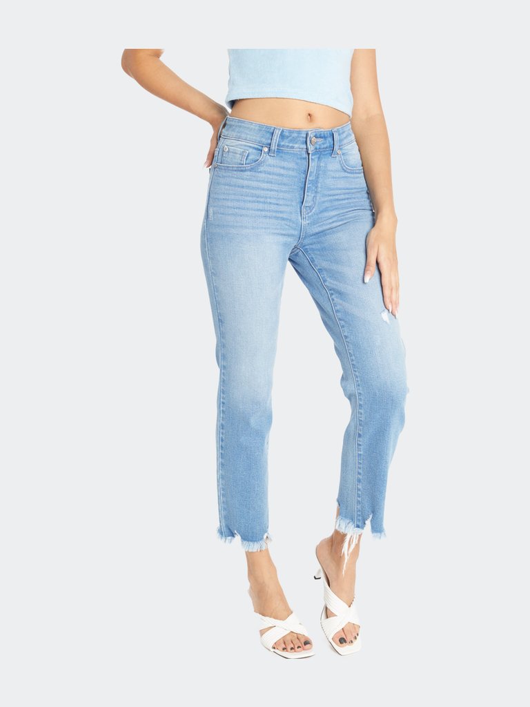 High Rise Slim Straight Jeans With Uneven Frayed Hem - Light