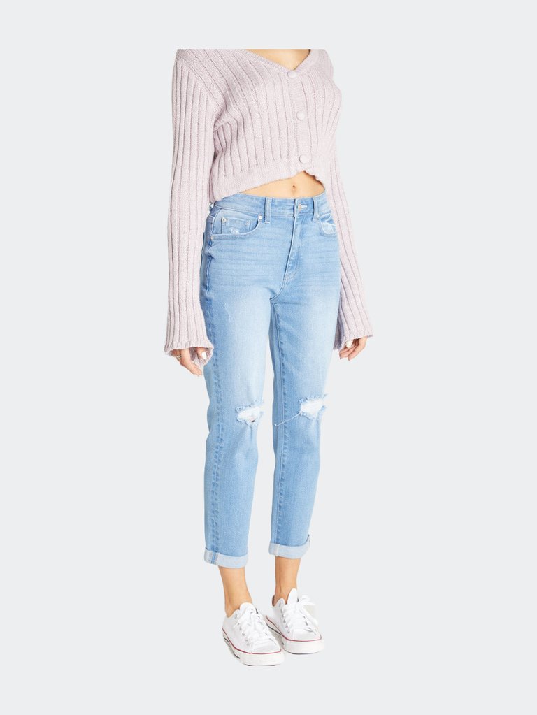 Super High Rise Cuffed Boyfriend Jeans - Light Blue