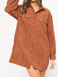 Corduroy Long Sleeve Button Up Dress -  Cinnamon