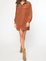 Corduroy Long Sleeve Button Up Dress -  Cinnamon - Cinnamon