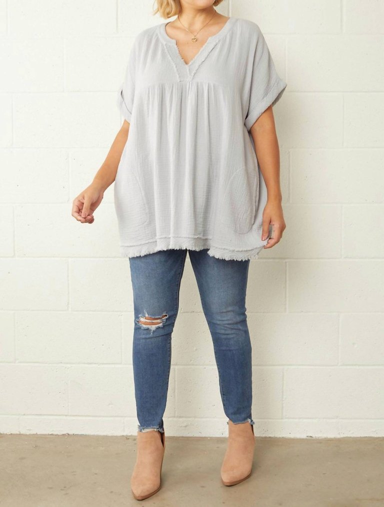 Crinkled Plus Top With Frayed Hems - Dusty Blue