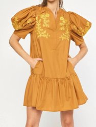 Embroidered Puff Sleeve Dress - Gold