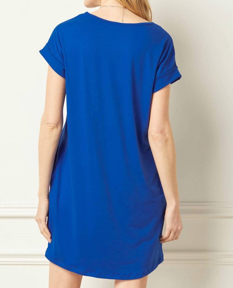 Entro Tee Shirt Dress With Rolled Sleeves And Pockets In Royal Blue