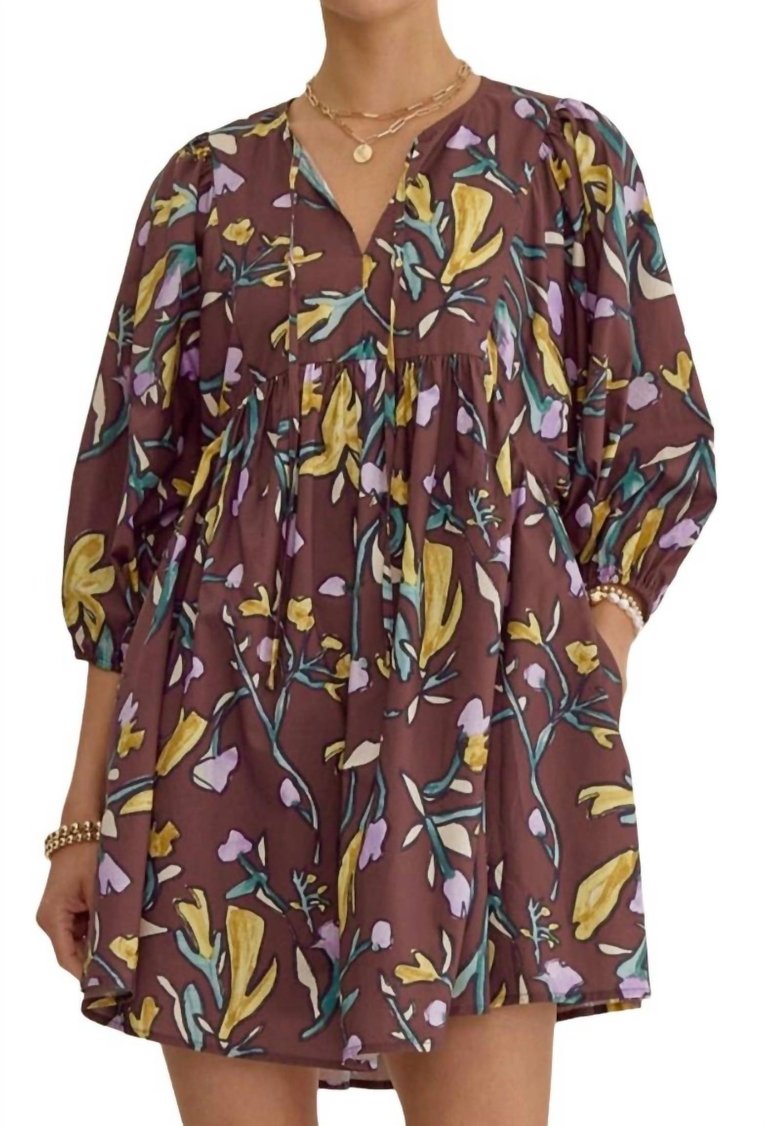 Floral Half Sleeve Mini Dress In Espresso Print - Espresso Print