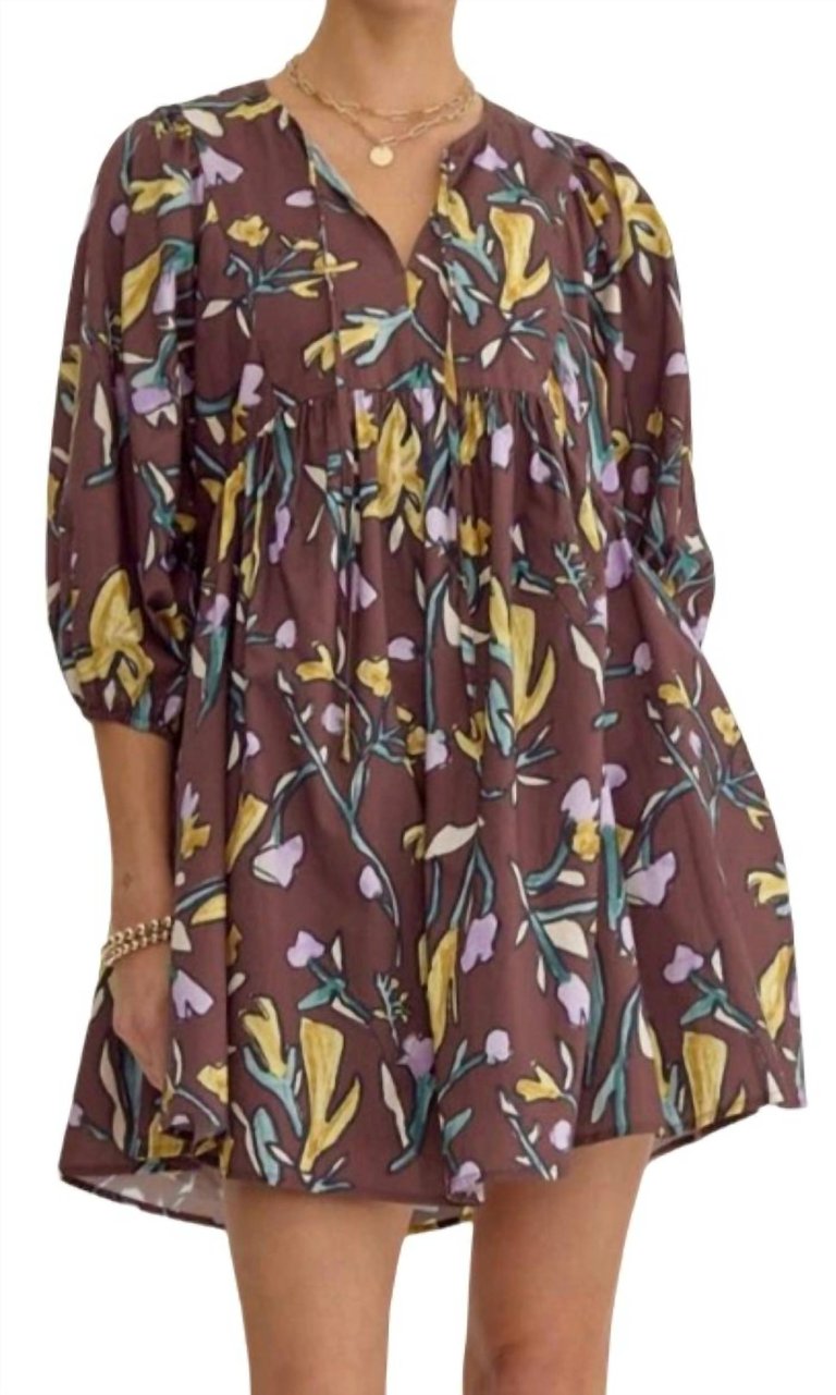 Floral Half Sleeve Mini Dress In Espresso Print