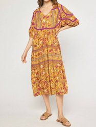 Floral Lace Trim Midi Dress - Gold