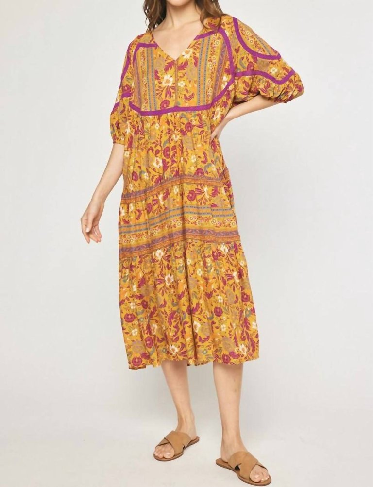 Floral Lace Trim Midi Dress - Gold