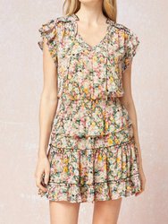 Floral Smocked Tiered Dress - Yellow And Mauve