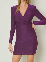 Glittery V-Neck Long Sleeve Mini Dress - Purple