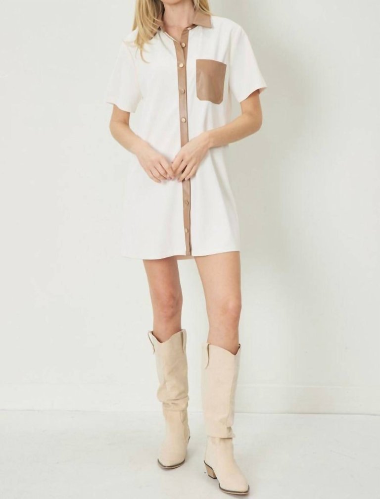 Leather Trim Shirtdress In Beige - Beige