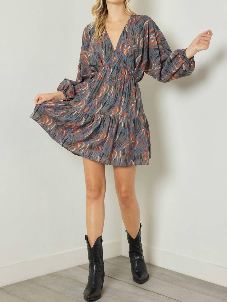 Long Sleeve Mini Dress - Charcoal Flame Print