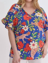 Plus Floral & Cheeta Top - Blue