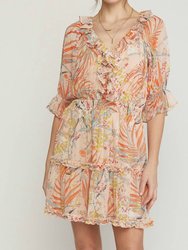 Print Dress With Ruffle Detail And Smocked Waist - Coral