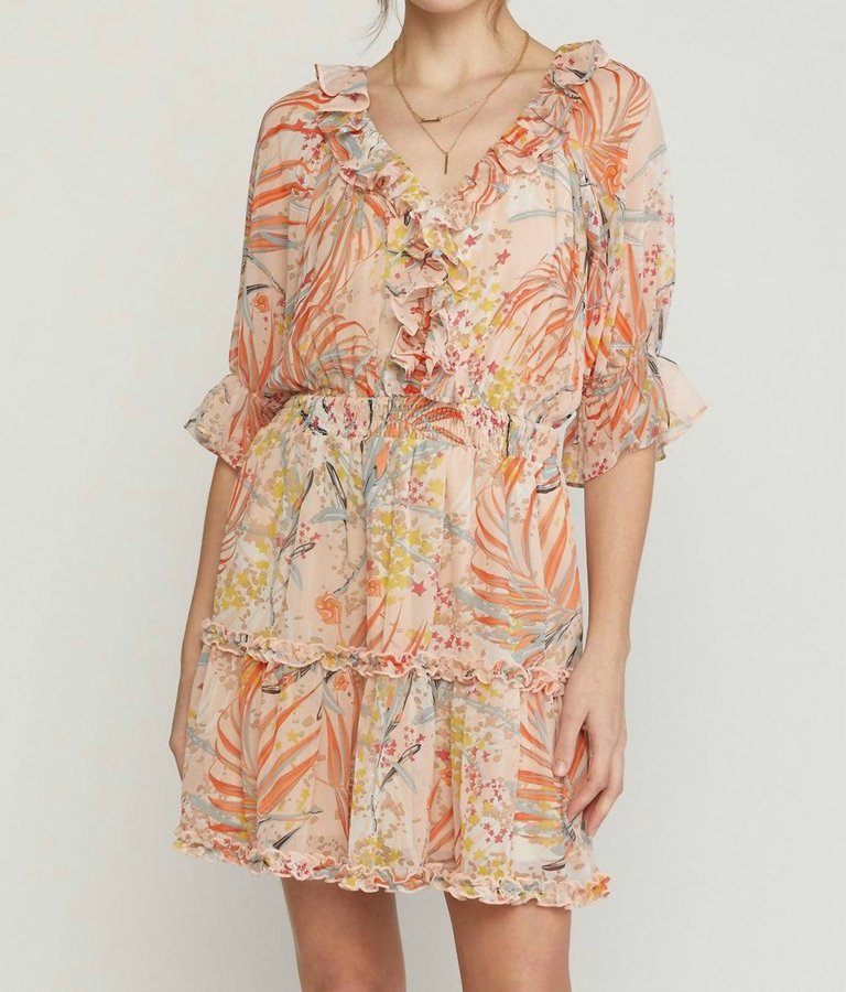 Print Dress With Ruffle Detail And Smocked Waist - Coral