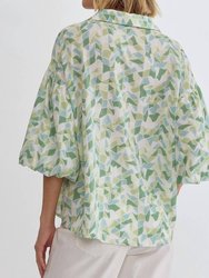 Printed Puff Sleeve Button Up Top