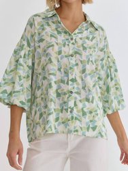 Printed Puff Sleeve Button Up Top - Green