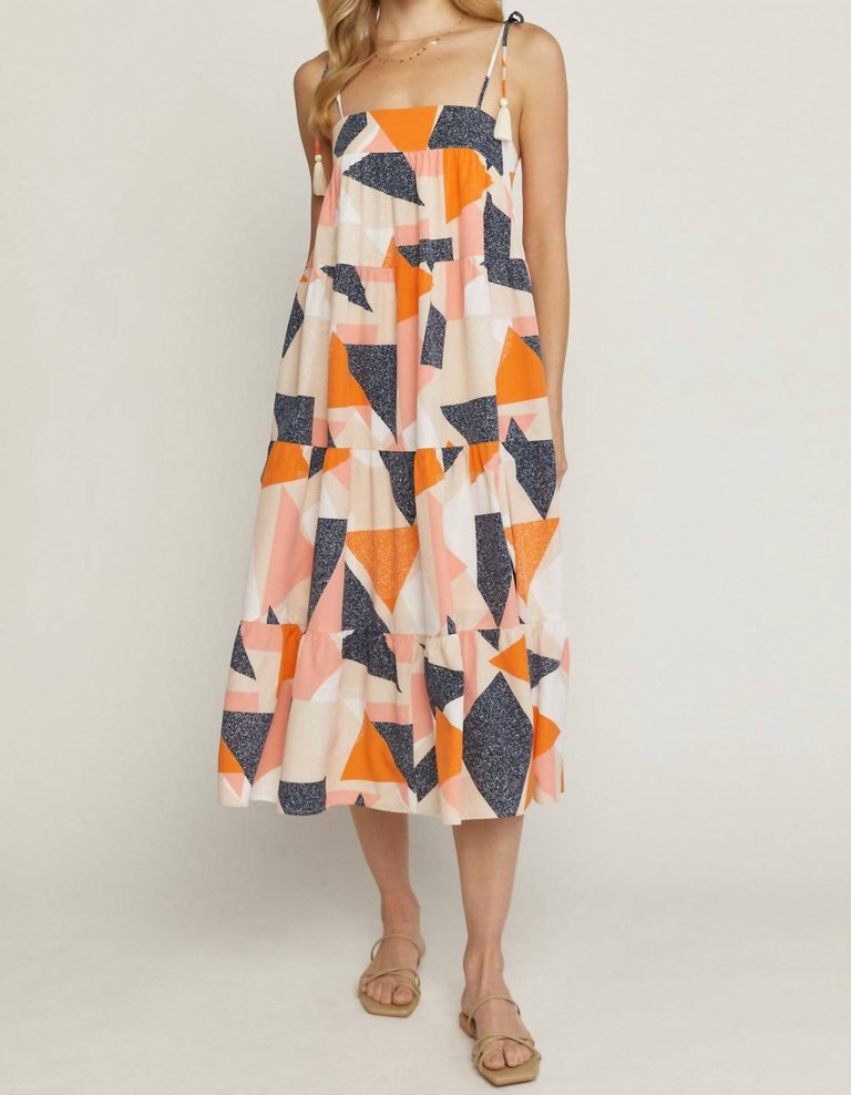 Printed Square Neck Dress - Peach/Blue