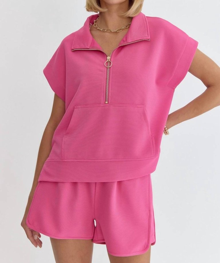 Putting Sugar On Me Half Zip Top In Hot Pink - Hot Pink