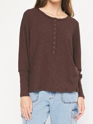 Ribbed Henley Top - Brown