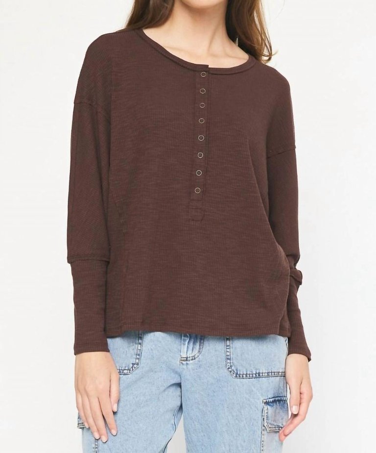 Ribbed Henley Top - Brown