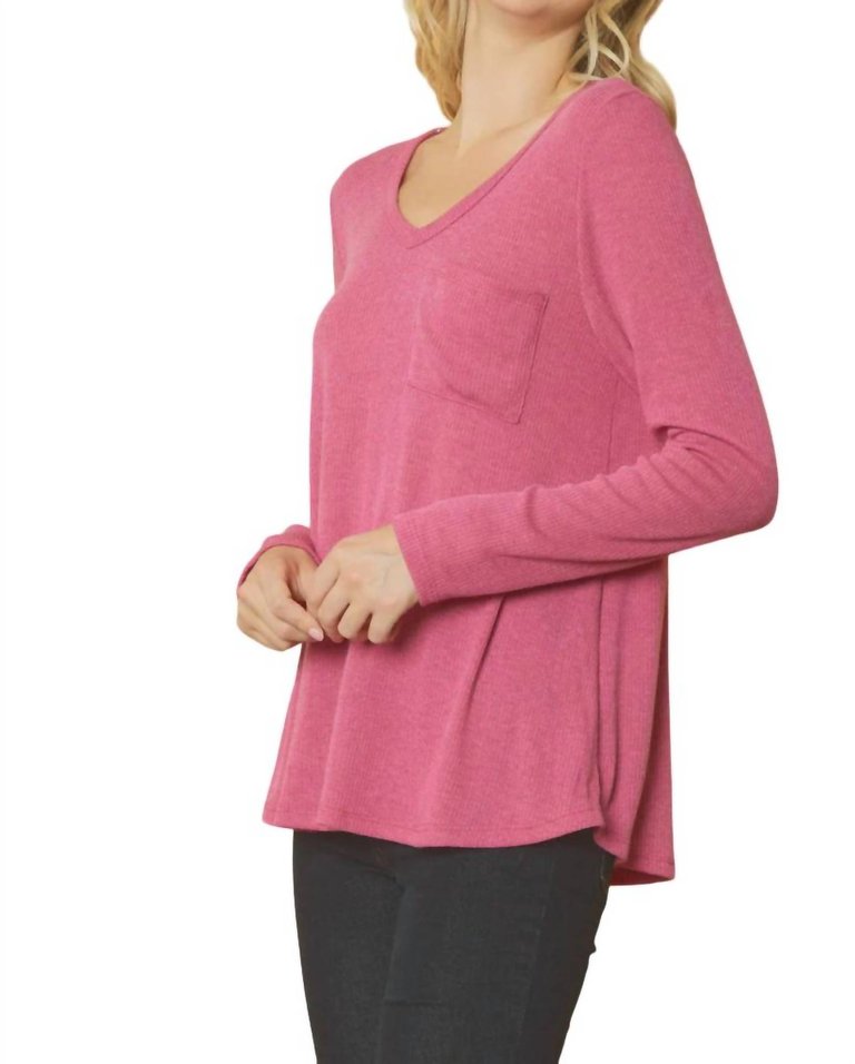 Ribbed V Neck Long Sleeve Top In Magenta