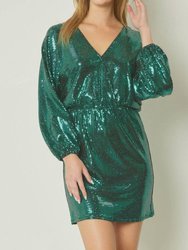 Shiny Metallic Long Sleeve Mini Dress - Green