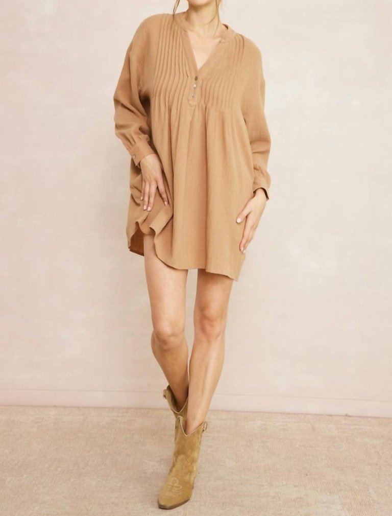 Solid Textured Long Sleeve Dress - Camel