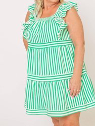 Striped Ruffle Sleeve Tiered Mini Dress - Green