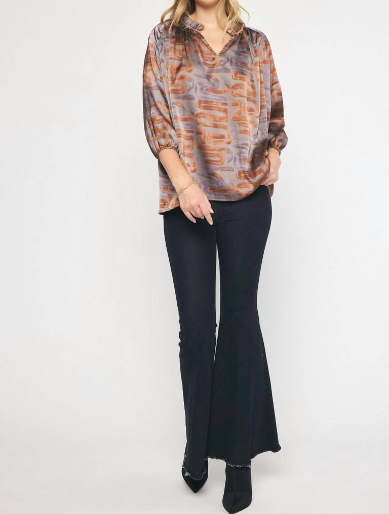 Swirl Printed V-Neck Top - Toffee