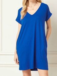 Tee Shirt Dress With Rolled Sleeves And Pockets - Royal Blue