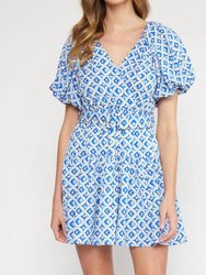 V-Neck Puff Sleeve Mini Dress - Blue Geo Print