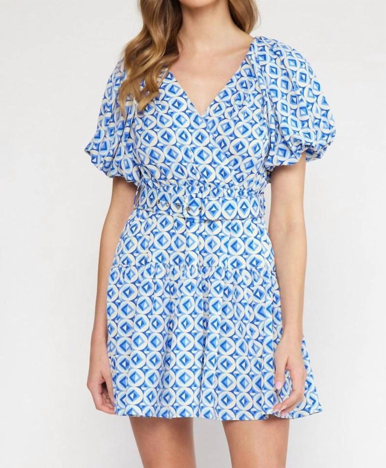 V-Neck Puff Sleeve Mini Dress - Blue Geo Print