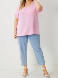 V Neck Relaxed Fit Knit Top - Pink Plus
