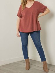V Neck Relaxed Fit With Rolled Cuffs - Brick