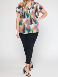 V-Neck Ruffle Sleeve Top - Green Orange Print