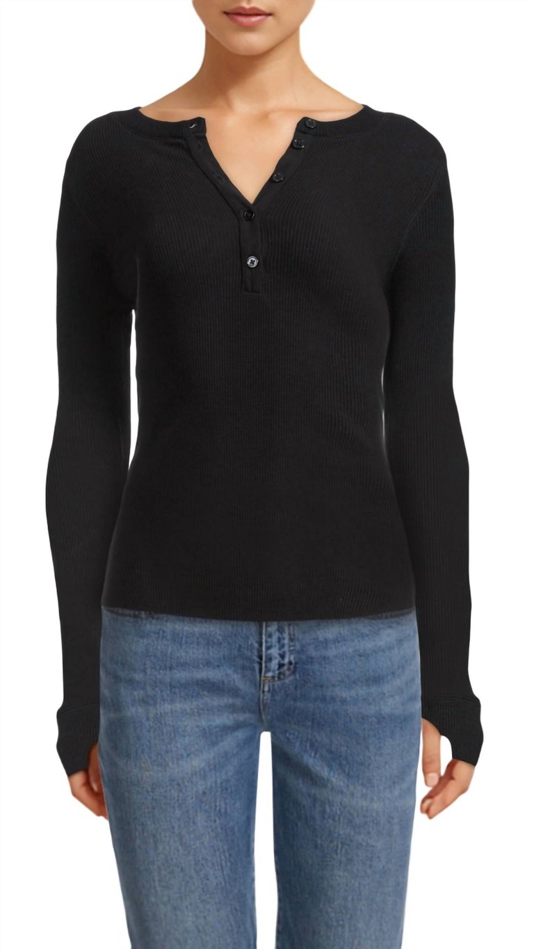 Laundered Thermal Henley Top - Black